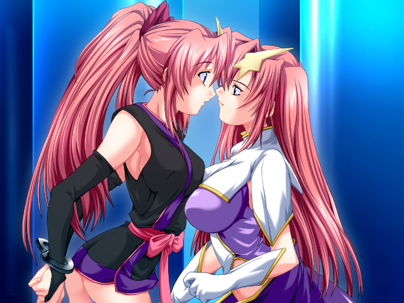 2girls :o armpits arms_behind_back ass asymmetrical_docking bangs bdsm blue_eyes blue_panties bondage bound bow breast_press breasts bridal_gauntlets capelet covered_nipples cuffs elbow_gloves embarrassed eye_contact gloves gundam gundam_seed gundam_seed_destiny hair_bow hair_ornament handcuffs highleg highleg_leotard imminent_kiss impossible_clothes impossible_leotard indoors japanese_clothes kimono lacus_clyne large_breasts leotard long_hair looking_at_another meer_campbell midriff multiple_girls natsuka_qya naughty_face no_bra open_mouth panties pantyshot parted_bangs ponytail profile purple_leotard short_kimono sideboob skin_tight skirt sleeveless sleeveless_kimono smile star_(symbol) star_hair_ornament surprised thong turtleneck underwear upper_body very_long_hair white_gloves white_leotard yuri