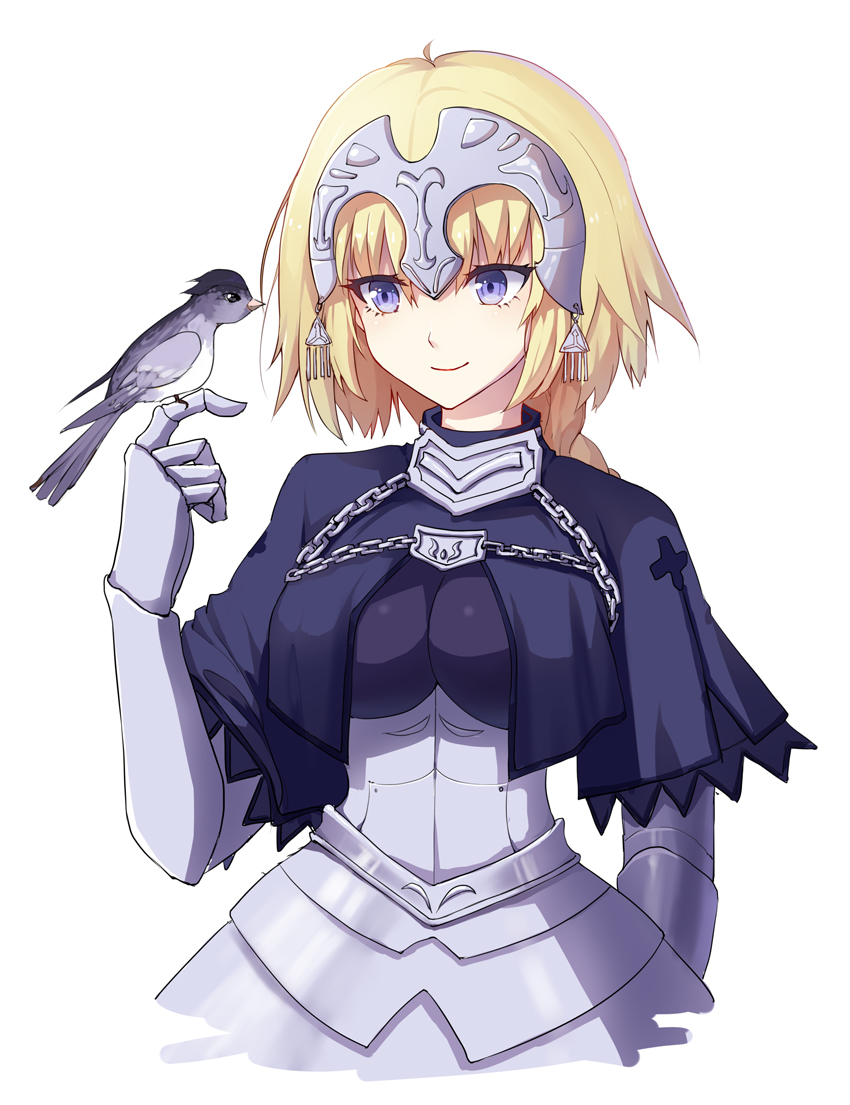 1girl armor armored_dress banner black_ribbon blonde_hair blue_eyes braid eyebrows_visible_through_hair fate/apocrypha fate/grand_order fate_(series) gauntlets highres jeanne_d'arc_(fate) jeanne_d'arc_(fate)_(all) long_hair low-tied_long_hair pawnlo ponytail purple_legwear ribbon ruler_(fate/apocrypha) sheath sheathed single_braid smile solo standing sword thigh-highs very_long_hair weapon