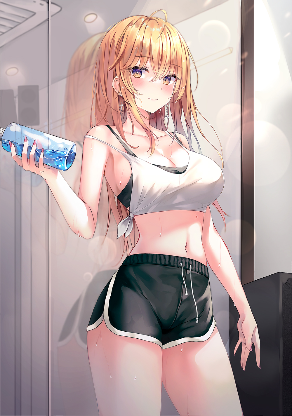 blonde_hair bottle breasts crop_top gym_shorts highres indoors large_breasts lkeris looking_at_viewer navel original short_shorts shorts smile spaghetti_strap sports_bra sportswear thighs water water_bottle yellow_eyes
