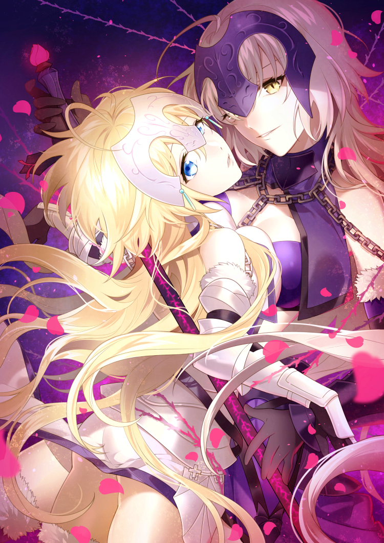2girls armor armored_boots armored_dress banner black_legwear blonde_hair blue_eyes boots breasts cleavage dress dutch_angle eyebrows_visible_through_hair fate/apocrypha fate/grand_order fate_(series) floating_hair flower fur_trim gauntlets highres jeanne_d'arc_(alter)_(fate) jeanne_d'arc_(fate) jeanne_d'arc_(fate)_(all) lens_flare long_hair looking_back medium_breasts multiple_girls ruler_(fate/apocrypha) sheath silver_hair sleeveless sleeveless_dress smile standing tacumi__a3 thigh-highs very_long_hair white_dress white_flower yellow_eyes