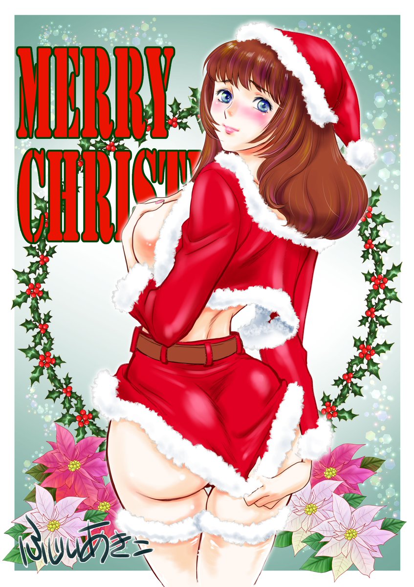 1girl artist_name ass background_text bangs belt blue_eyes blunt_bangs blush breasts brown_belt brown_hair christmas closed_mouth commentary_request covering covering_breasts cowboy_shot english_text flower from_behind fujii_akiko fur-trimmed_jacket fur-trimmed_skirt fur_trim hat highres holly jacket lips long_sleeves looking_at_viewer looking_back medium_breasts medium_hair merry_christmas microskirt midriff no_shirt original red_headwear red_jacket red_skirt santa_hat sideboob signature skirt skirt_tug smile solo standing thigh_gap thigh_strap