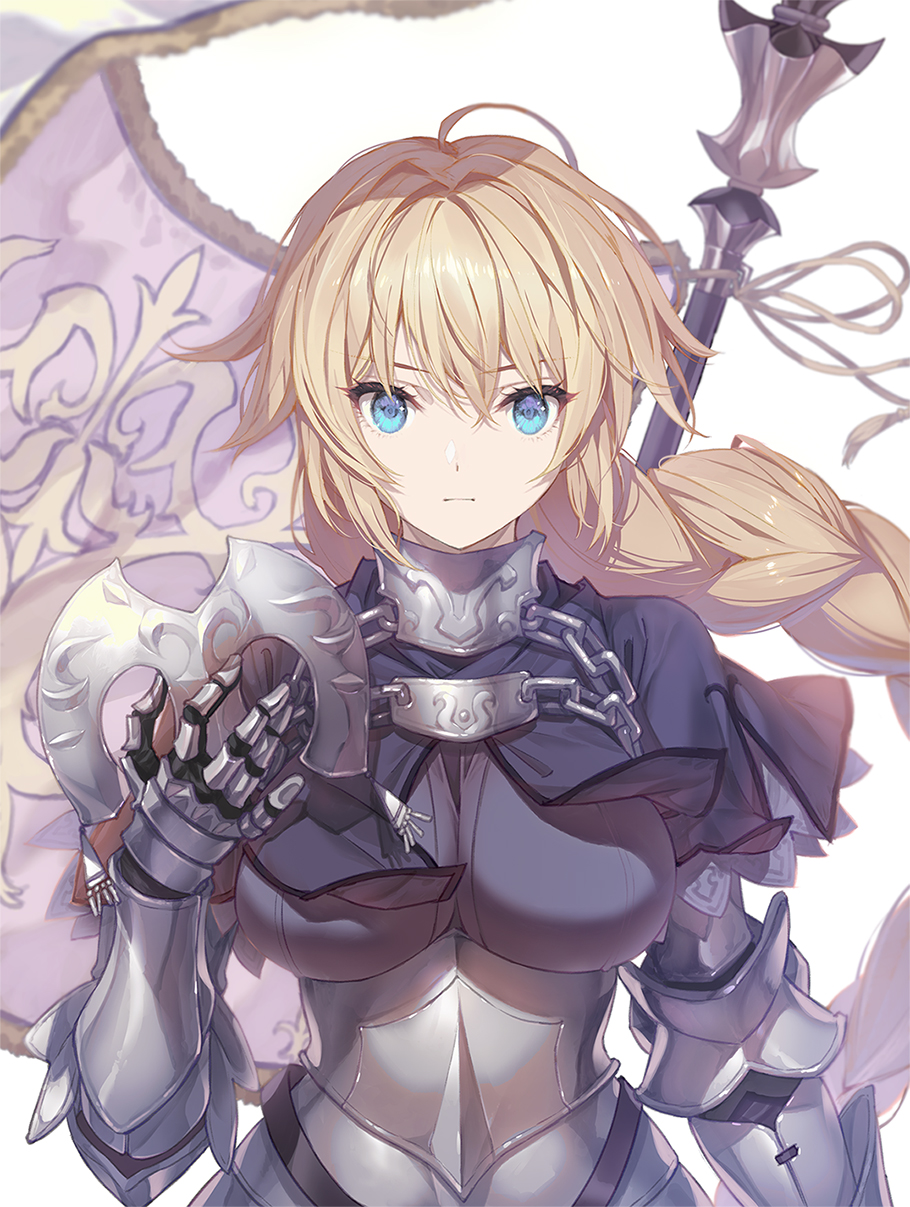 1girl armor armored_dress banner black_ribbon blonde_hair blue_eyes braid eyebrows_visible_through_hair fate/apocrypha fate/grand_order fate_(series) gauntlets highres jeanne_d'arc_(fate) jeanne_d'arc_(fate)_(all) long_hair low-tied_long_hair ponytail purple_legwear ribbon ruler_(fate/apocrypha) saitom_(pixiv152240) sheath sheathed single_braid smile solo standing sword thigh-highs very_long_hair weapon