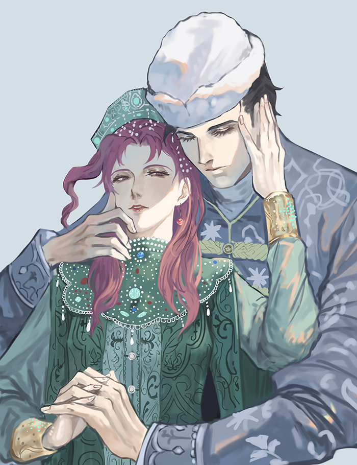 1boy 1girl black_hair earrings eyelashes fur_hat genderswap genderswap_(mtf) hat hetero hug hug_from_behind jewelry jojo_no_kimyou_na_bouken kakyoin_noriaki kujo_jotaro lipstick long_hair makeup pink_hair yepnean