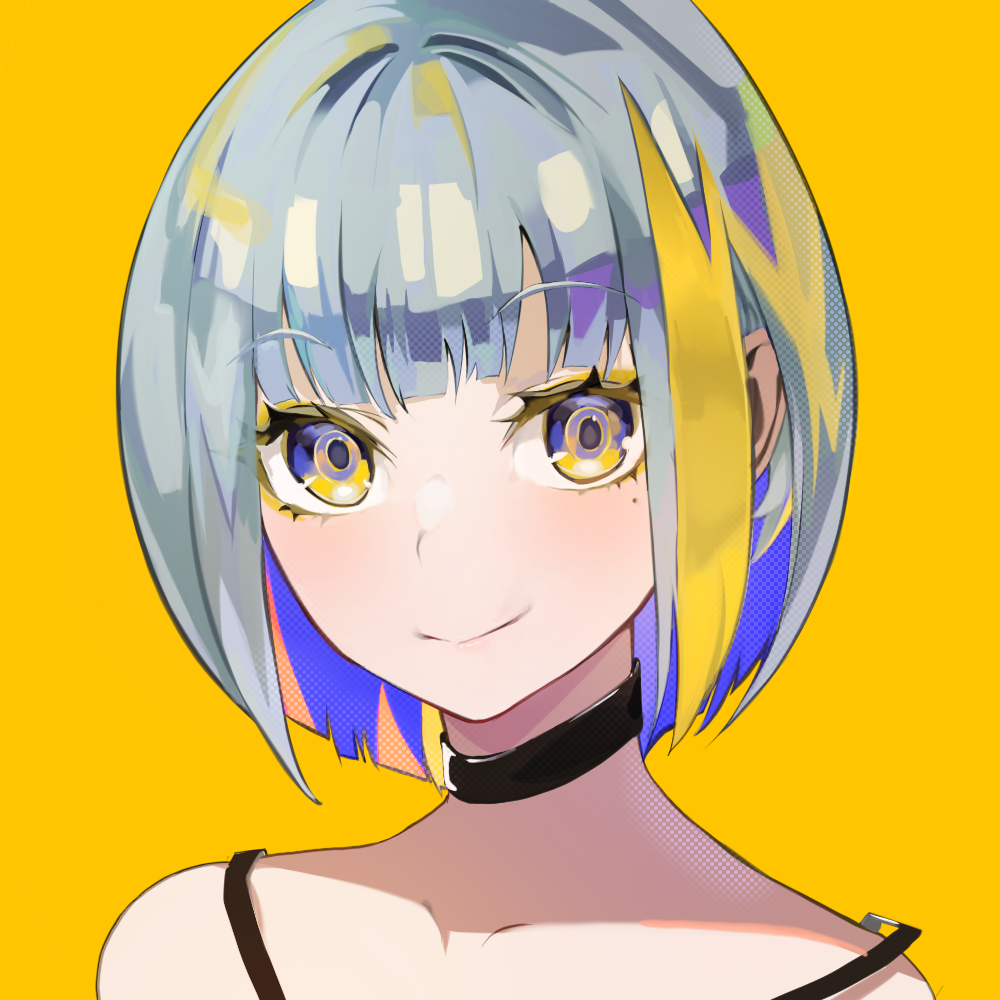1girl bangs black_choker blue_eyes blue_hair bob_cut choker closed_mouth colored_inner_hair commentary_request daiiichukiii eyebrows_visible_through_hair eyelashes face looking_down mole mole_under_eye multicolored_eyes multicolored_hair original shiny shiny_hair short_sleeves silver_hair simple_background smile solo two-tone_hair yellow_background yellow_eyes