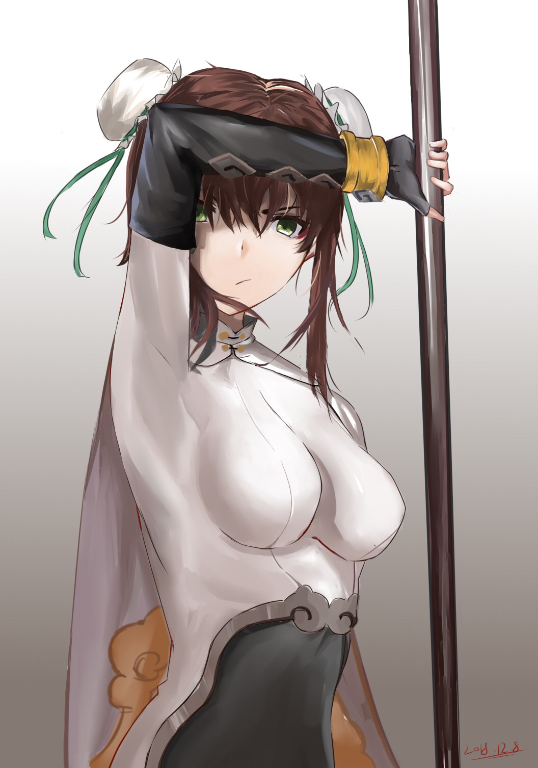 1girl arm_guards bangs black_bodysuit black_gloves black_hair bodysuit breasts bun_cover covered_navel double_bun elbow_gloves fate/grand_order fate_(series) fingerless_gloves gloves green_eyes green_ribbon hair_ribbon highres jewelry large_breasts looking_at_viewer neck_ring qin_liangyu_(fate) ribbon sidelocks solo thighs white_bodysuit xiaowang