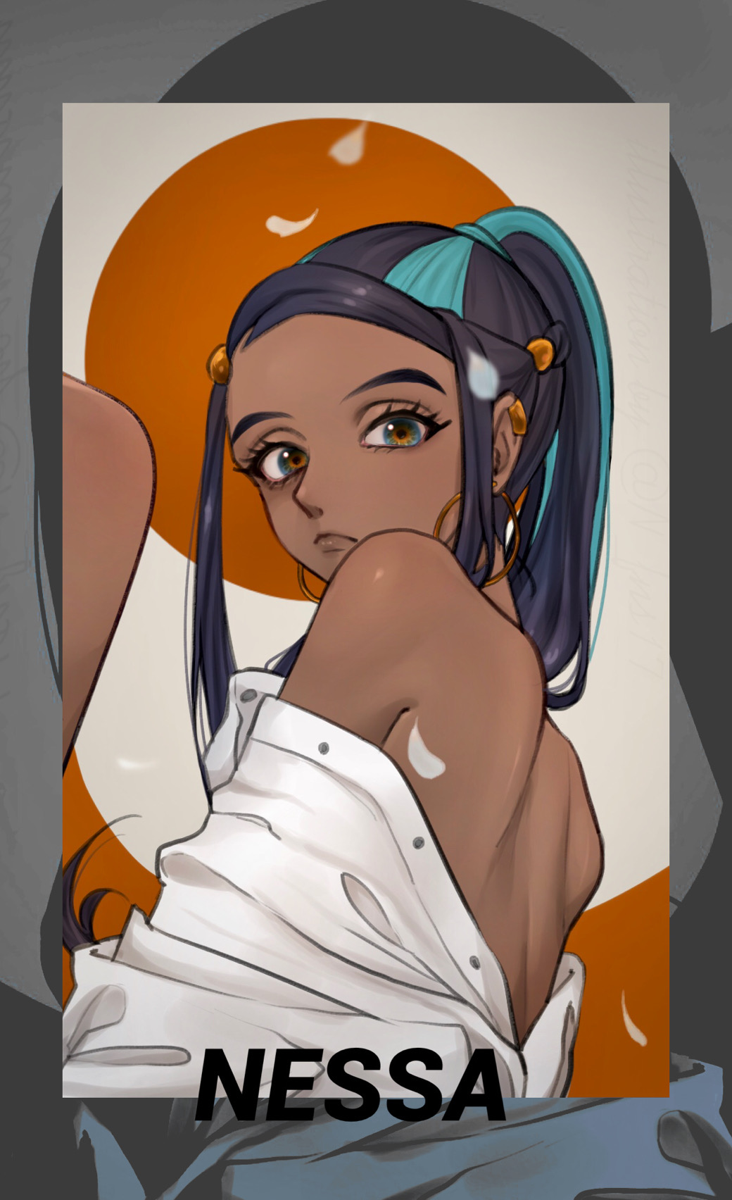 1girl alternate_hairstyle black_hair blue_eyes blue_hair buttons character_name closed_mouth commentary_request dark-skinned_female dark_skin earclip earrings echizen_(n_fns17) eyelashes highres hoop_earrings jewelry long_hair looking_at_viewer multicolored_hair nessa_(pokemon) off_shoulder petals pokemon pokemon_(game) pokemon_swsh ponytail shoulder_blades solo two-tone_hair