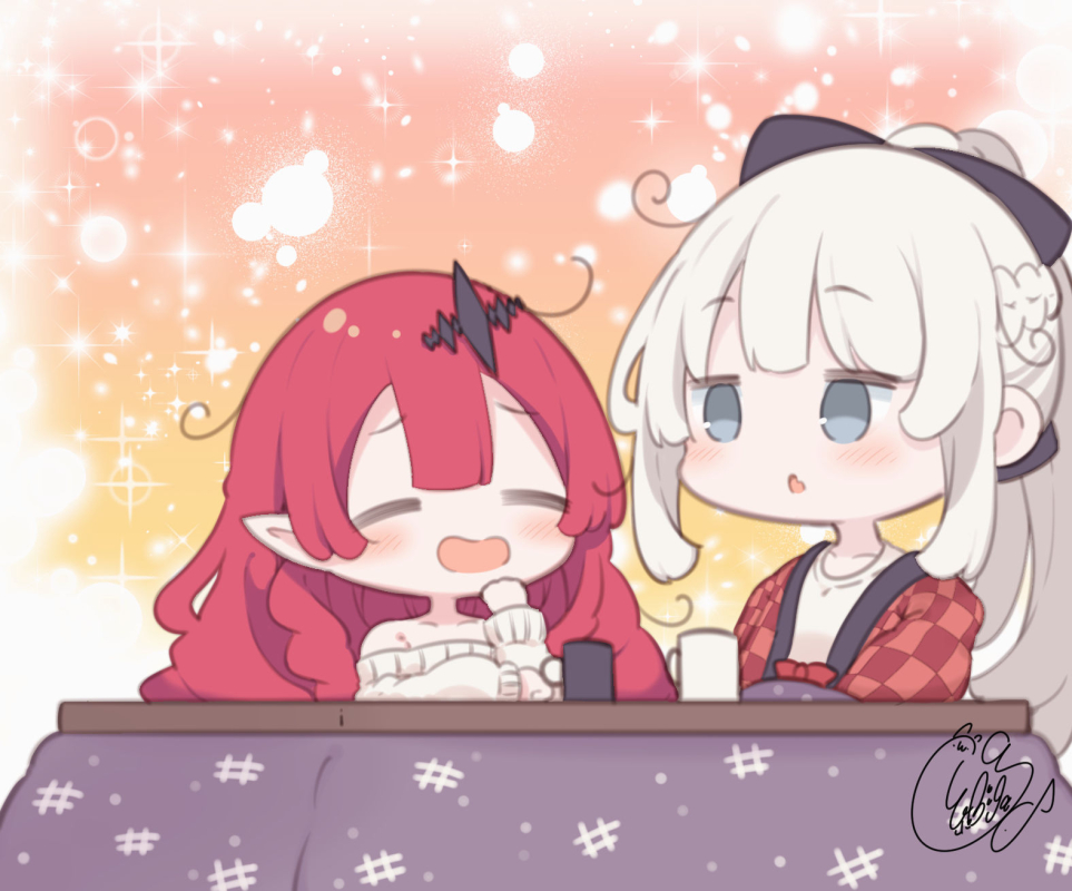 2girls =_= bare_shoulders beni_shake black_bow blush bow braid checkered chibi closed_eyes commentary_request cup fairy_knight_tristan_(fate) fang fate/grand_order fate_(series) grey_eyes hair_bow kotatsu long_sleeves morgan_le_fay_(fate) mug multiple_girls off-shoulder_sweater off_shoulder open_clothes open_mouth parted_lips ponytail redhead shirt signature sweater table wavy_mouth white_hair white_shirt white_sweater