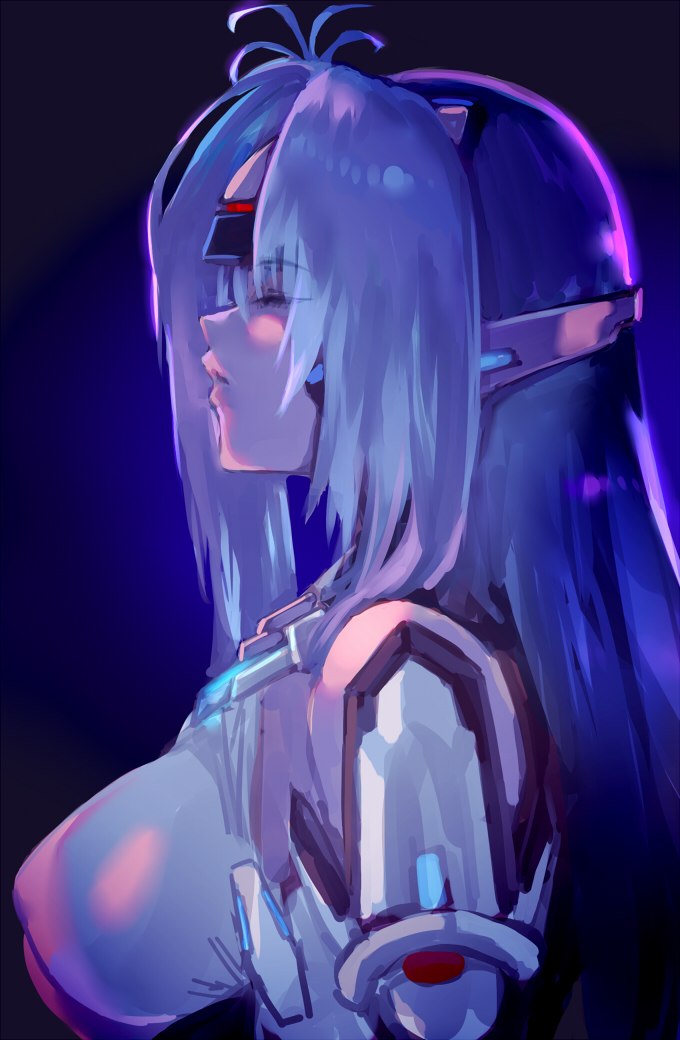 1girl android blue_hair breasts forehead_protector from_side kos-mos long_hair negresco sideboob simple_background solo xenoblade_chronicles xenoblade_chronicles_(series) xenoblade_chronicles_2 xenosaga