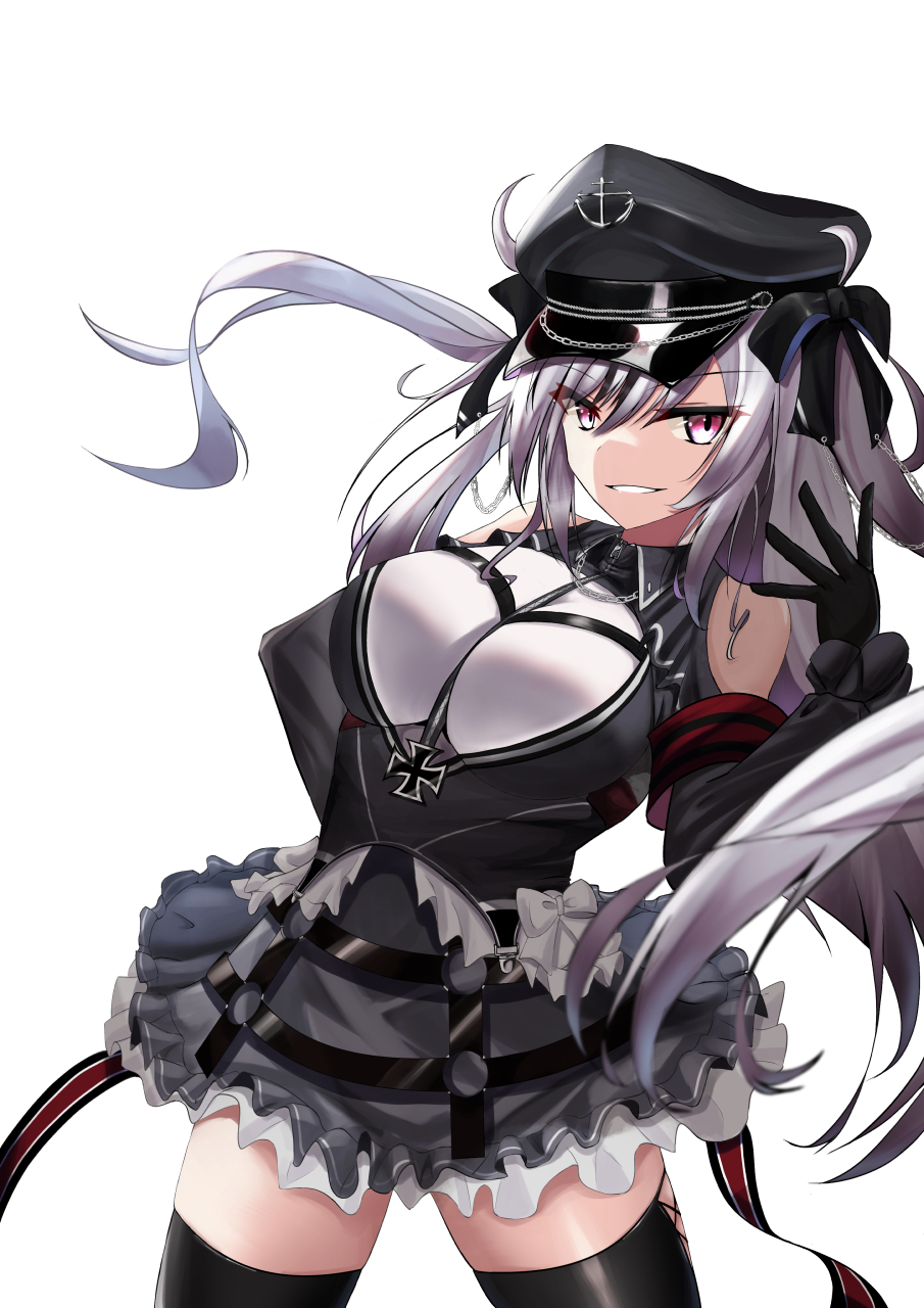 1girl azur_lane black_corset black_gloves black_headwear black_legwear boots breasts clothing_cutout corset cross dress elbe_(azur_lane) frilled_dress frills gloves hat highres iron_cross jiseki_rena large_breasts layered_dress multicolored_hair open_mouth peaked_cap rudder_footwear shoulder_cutout simple_background solo streaked_hair thigh-highs thigh_boots underboob_cutout white_background