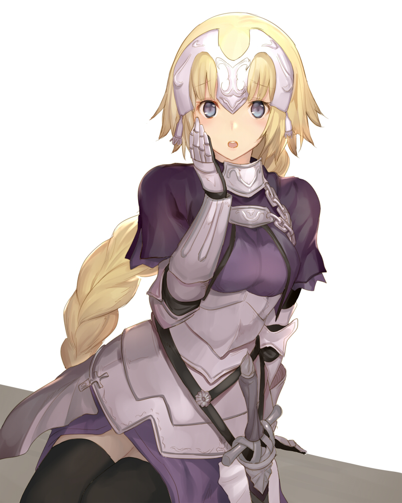 1girl armor armored_dress banner black_ribbon blonde_hair blue_eyes braid eyebrows_visible_through_hair fate/apocrypha fate/grand_order fate_(series) gauntlets highres jeanne_d'arc_(fate) jeanne_d'arc_(fate)_(all) km_kuro long_hair low-tied_long_hair ponytail purple_legwear ribbon ruler_(fate/apocrypha) sheath sheathed single_braid smile solo standing sword thigh-highs very_long_hair weapon