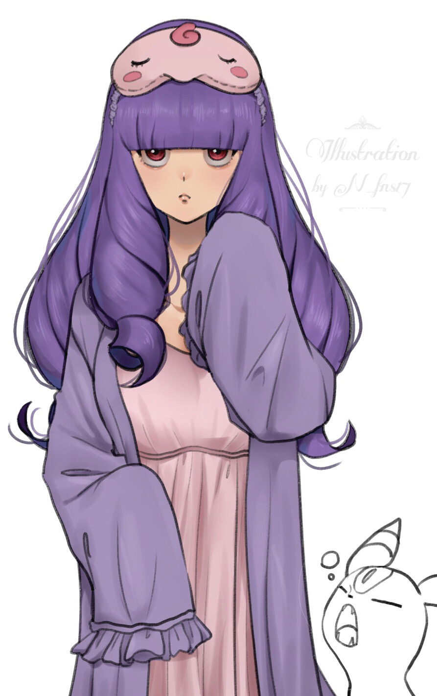 1girl alternate_costume bangs blunt_bangs character_print closed_mouth commentary_request echizen_(n_fns17) eye_mask fangs frills highres long_hair looking_at_viewer musharna nightgown open_mouth partially_colored pokemon pokemon_(game) pokemon_masters_ex purple_hair rachel_(pokemon) red_eyes sleeves_past_fingers sleeves_past_wrists tongue umbreon white_background yawning