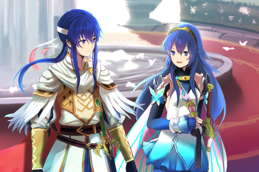 1boy 1girl :d bangs belt blue_eyes blue_gloves blue_hair butterfly_ornament cape detached_sleeves dress falchion_(fire_emblem) fingerless_gloves fire_emblem fire_emblem:_genealogy_of_the_holy_war fire_emblem_awakening fire_emblem_heroes fountain gloves gradient_cape gradient_clothes gradient_dress hair_between_eyes headband long_hair lucina_(fire_emblem) official_alternate_costume open_mouth seliph_(fire_emblem) sheath sheathed shoochiku_bai smile sword tiara weapon white_headband