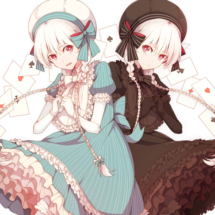 2girls alice_(fate/extra) black_bow black_dress black_gloves black_headwear blue_bow blue_dress bow bowtie bug butterfly closed_mouth doll_joints dress fate/extra fate/grand_order fate_(series) food_print frilled_dress frills gloves hat hat_bow insect kpkp_srm long_hair looking_at_viewer multiple_girls mushroom_print nursery_rhyme_(fate/extra) open_mouth print_dress purple_bow purple_eyes smile twins white_bow white_gloves white_hair white_headwear