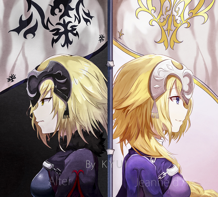 2girls armor armored_boots armored_dress banner black_legwear blonde_hair blue_eyes boots breasts cleavage dress dutch_angle eyebrows_visible_through_hair fate/apocrypha fate/grand_order fate_(series) floating_hair flower fur_trim gauntlets highres jeanne_d'arc_(alter)_(fate) jeanne_d'arc_(fate) jeanne_d'arc_(fate)_(all) kahu lens_flare long_hair looking_back medium_breasts multiple_girls ruler_(fate/apocrypha) sheath silver_hair sleeveless sleeveless_dress smile standing thigh-highs very_long_hair white_dress white_flower yellow_eyes