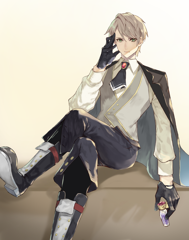 1boy ascot black_cape black_gloves blonde_hair boots cape fate/prototype fate_(series) gloves jekyll_and_hyde_(fate) no_eyewear solo vest vial waistcoat yepnean