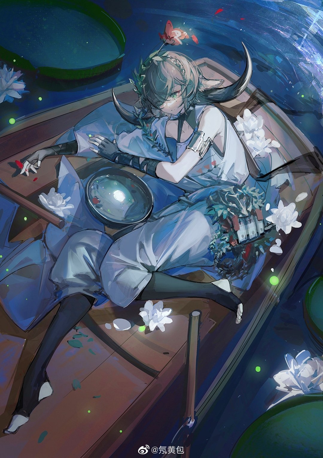 1girl animal_ears arknights armlet artist_name bare_shoulders black_gloves black_legwear boat brown_hair cow_ears cow_girl cow_horns elbow_gloves eyes_visible_through_hair flower from_above full_body gloves green_eyes hair_flower hair_ornament hair_over_one_eye highres horns lily_pad looking_away lying neriash night official_alternate_costume on_side outdoors pallas_(arknights) pallas_(heritage)_(arknights) parted_lips petals red_flower short_hair solo stirrup_legwear thigh-highs toeless_legwear tunic water watercraft weibo_username white_flower