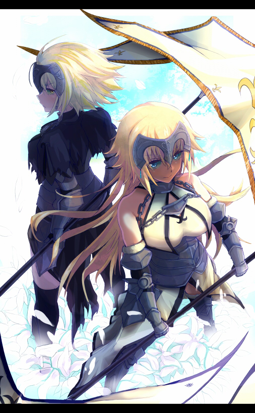 2girls armor armored_boots armored_dress banner black_legwear blonde_hair blue_eyes boots breasts cleavage dress dutch_angle eyebrows_visible_through_hair fate/apocrypha fate/grand_order fate_(series) floating_hair flower fur_trim gauntlets highres jeanne_d'arc_(alter)_(fate) jeanne_d'arc_(fate) jeanne_d'arc_(fate)_(all) lens_flare long_hair looking_back medium_breasts multiple_girls ruler_(fate/apocrypha) sheath silver_hair sleeveless sleeveless_dress smile standing thigh-highs very_long_hair white_dress white_flower yellow_eyes yudei