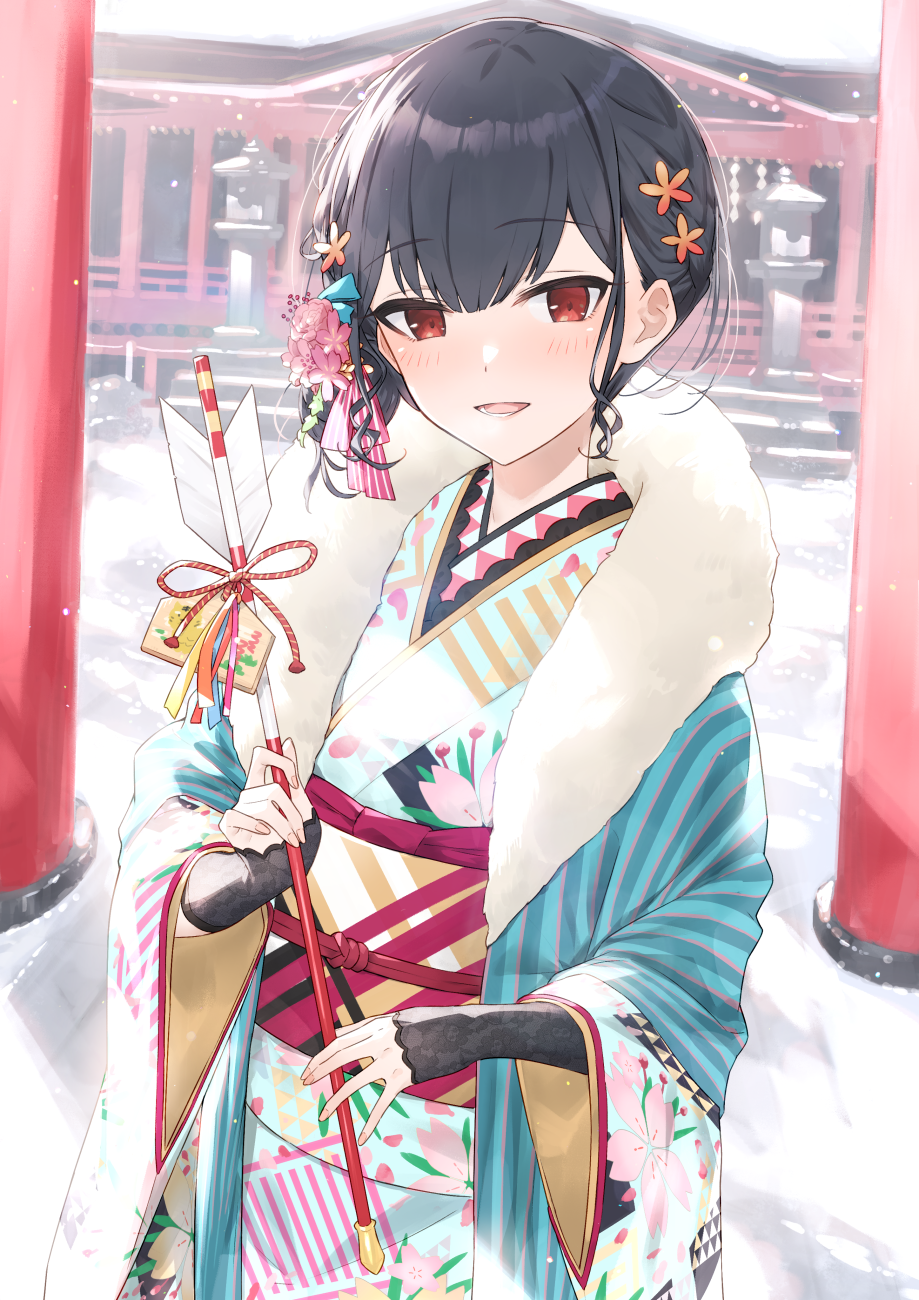 1girl arrow_(projectile) bangs black_hair blue_kimono blush commentary_request day ema eyebrows_visible_through_hair floral_print flower fur_collar hair_between_eyes hair_bun hair_flower hair_ornament hamaya hayashi_kewi highres holding holding_arrow idolmaster idolmaster_shiny_colors japanese_clothes kimono long_sleeves looking_at_viewer morino_rinze obi open_clothes outdoors parted_lips pink_flower print_kimono red_eyes sash smile snow snowing solo torii wide_sleeves