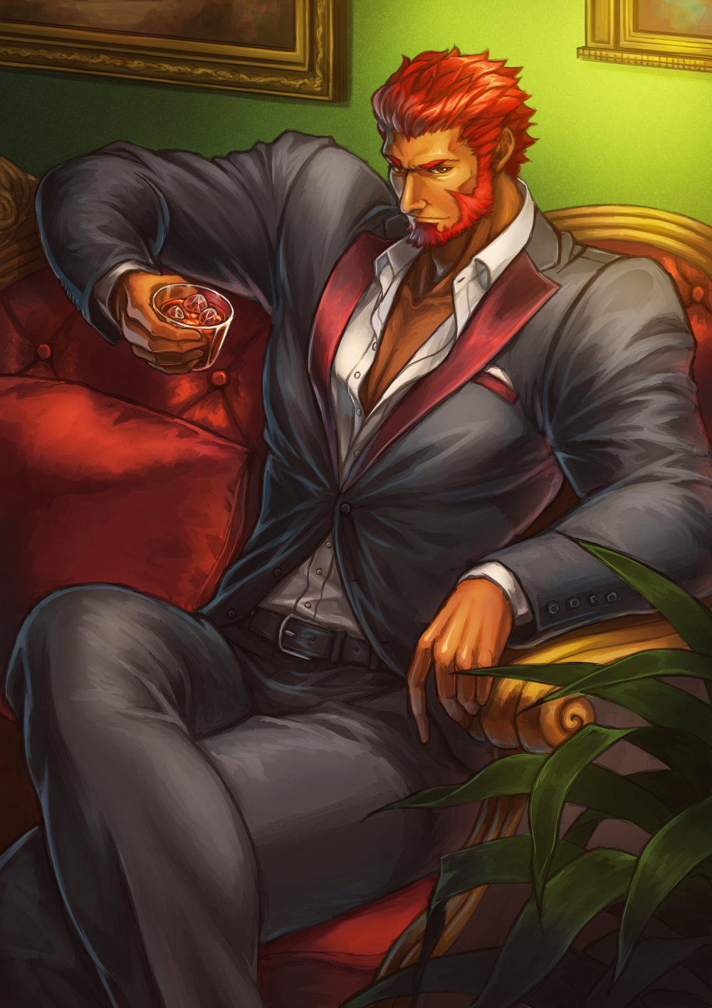 1boy alternate_costume beard collared_shirt couch crossed_legs cup facial_hair fate/zero fate_(series) feet_out_of_frame grey_suit highres holding holding_cup iskandar_(fate) ma2910ko male_focus mature_male muscular muscular_male on_couch pectoral_cleavage pectorals red_eyes redhead shirt short_hair sitting solo thick_thighs thighs