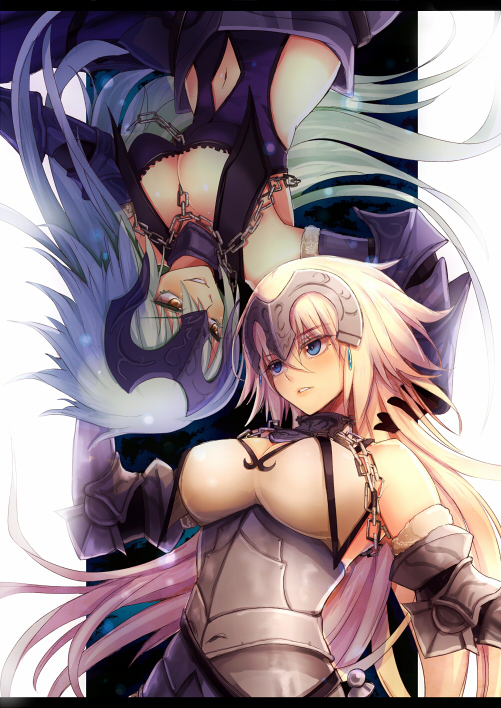 2girls armor armored_boots armored_dress banner black_legwear blonde_hair blue_eyes boots breasts cleavage dress dutch_angle eyebrows_visible_through_hair fate/apocrypha fate/grand_order fate_(series) floating_hair flower fur_trim gauntlets highres jeanne_d'arc_(alter)_(fate) jeanne_d'arc_(fate) jeanne_d'arc_(fate)_(all) lens_flare long_hair looking_back medium_breasts multiple_girls ruler_(fate/apocrypha) sheath silver_hair sleeveless sleeveless_dress smile standing thigh-highs very_long_hair white_dress white_flower yellow_eyes yudei