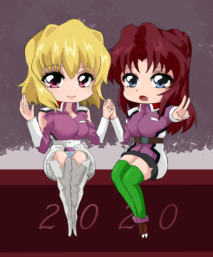 2girls bare_shoulders crossed_arms crossover detached_sleeves flay_allster green_legwear gundam gundam_seed gundam_seed_destiny kuwashima_houko long_hair military military_uniform multiple_girls pink_eyes pink_hair purple_eyes purple_eyes seiyuu_connection short_hair stellar_loussier text thigh-highs thigh-highs uniform yasakasyuu zettai_ryouiki