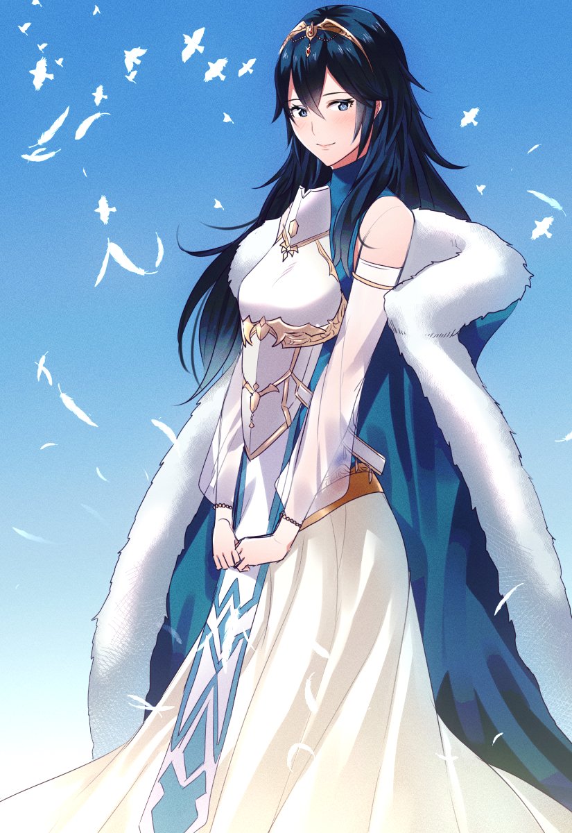 1girl alternate_costume ameno_(a_meno0) bird blue_background blue_hair cape detached_sleeves dress fire_emblem fire_emblem_awakening hair_between_eyes highres long_hair looking_at_viewer lucina_(fire_emblem) see-through smile solo symbol-shaped_pupils tiara white_dress