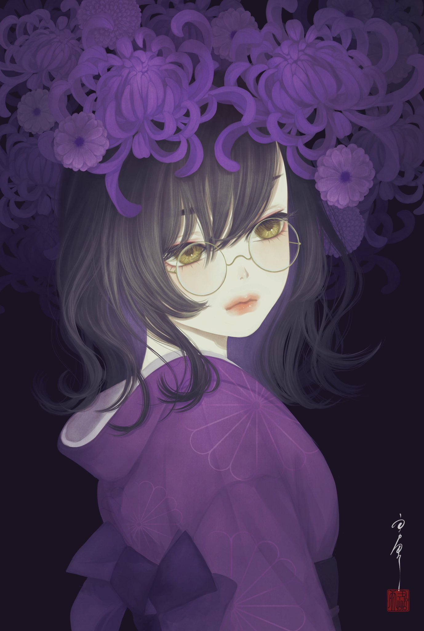 1girl bangs black_background black_hair commentary_request flower from_side glasses hair_between_eyes highres japanese_clothes kikumon kimono looking_at_viewer looking_to_the_side medium_hair obi original purple_flower purple_kimono purple_sash purple_theme round_eyewear sash seal_impression signature solo upper_body ushiyama_ame yellow_eyes
