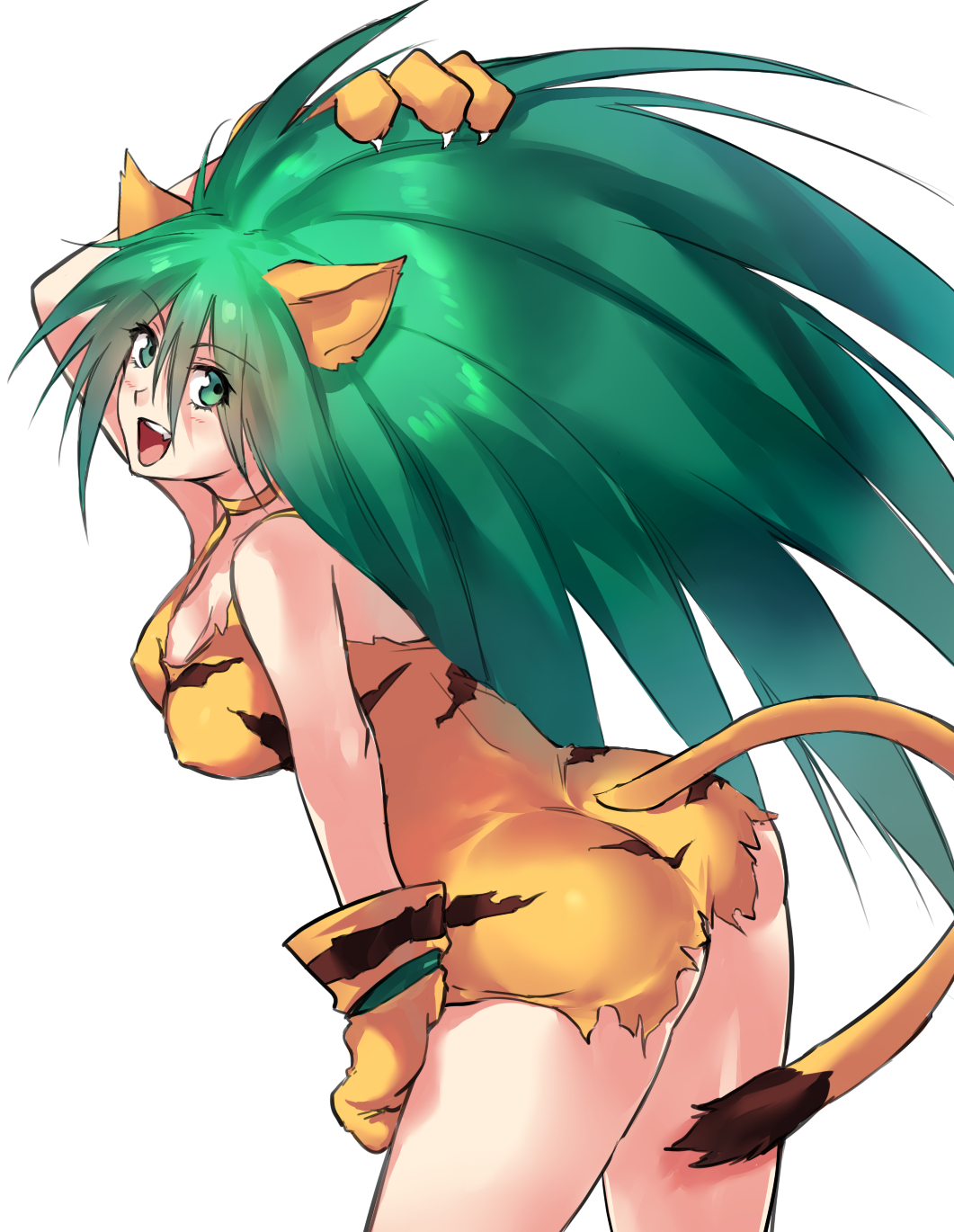 1girl animal_ears animal_hands animal_print ass breasts cat_ears cham_cham gloves green_eyes green_hair highres long_hair looking_at_viewer negresco open_mouth paw_gloves samurai_spirits simple_background smile solo tail tiger_print white_background