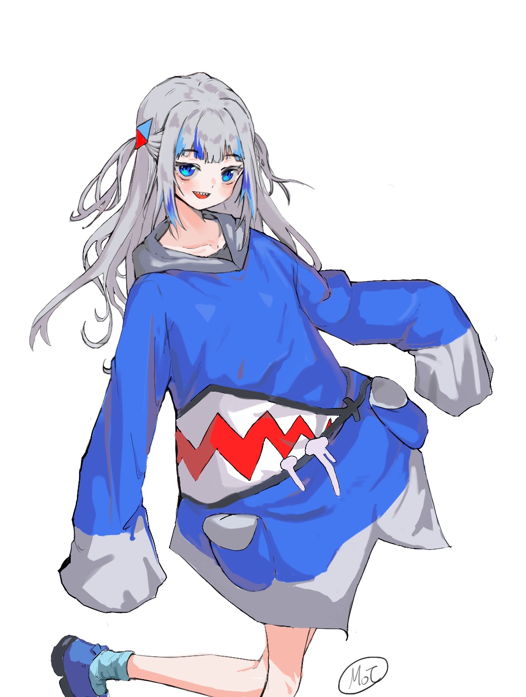 1girl blue_eyes blue_footwear blue_hair blush foot_out_of_frame gawr_gura grey_hair highres hololive hololive_english long_hair multicolored_hair open_mouth pomottong simple_background sleeves_past_fingers sleeves_past_wrists smile solo streaked_hair very_long_sleeves white_background