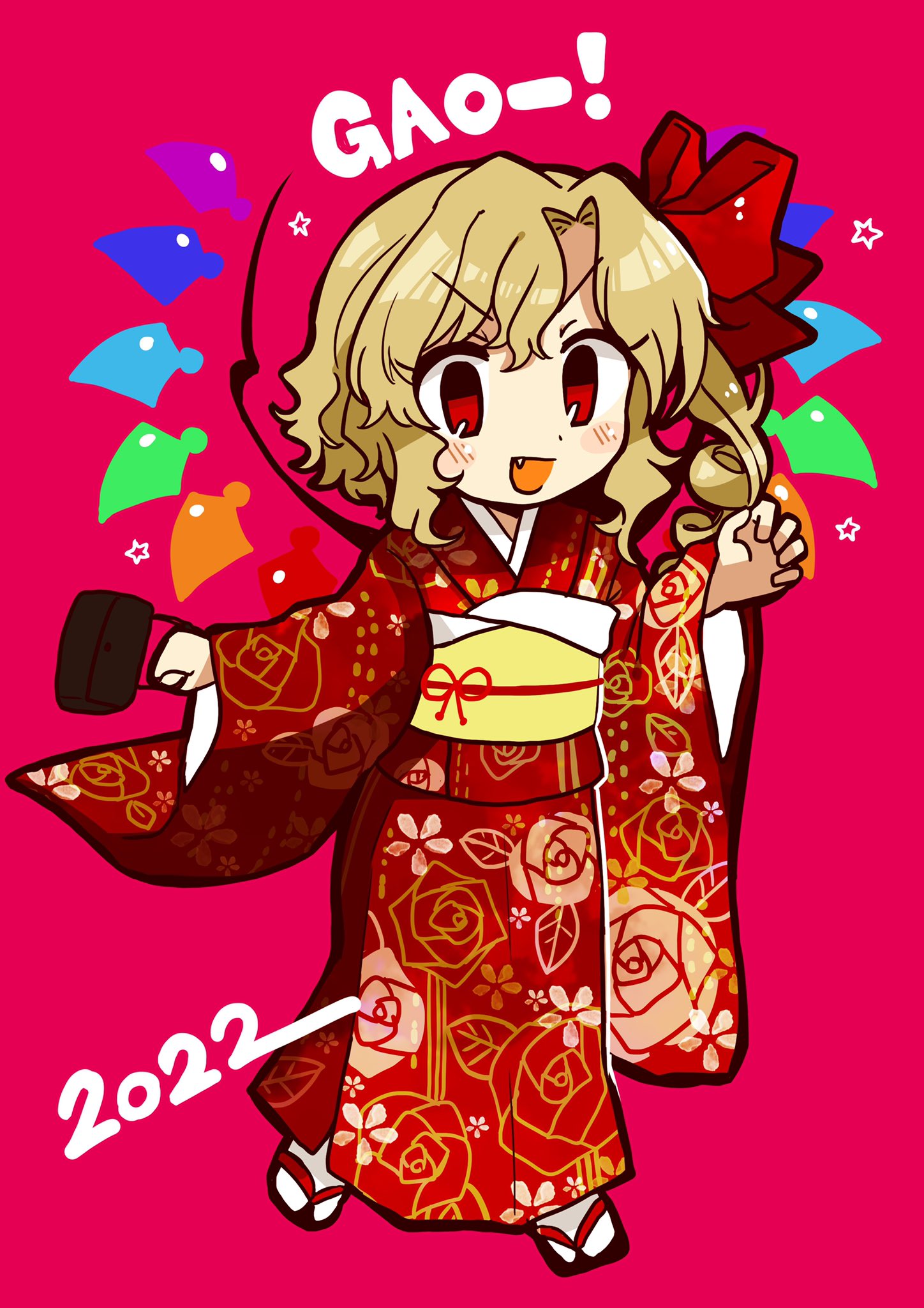 1girl blonde_hair blush bow chibi claw_pose crystal fang flandre_scarlet floral_print full_body gao hair_bow highres japanese_clothes kimono long_sleeves maa_(forsythia1729) no_hat no_headwear obi open_mouth red_bow red_eyes red_kimono red_ribbon ribbon sandals sash short_hair side_ponytail touhou v-shaped_eyebrows white_legwear wide_sleeves wings yellow_sash