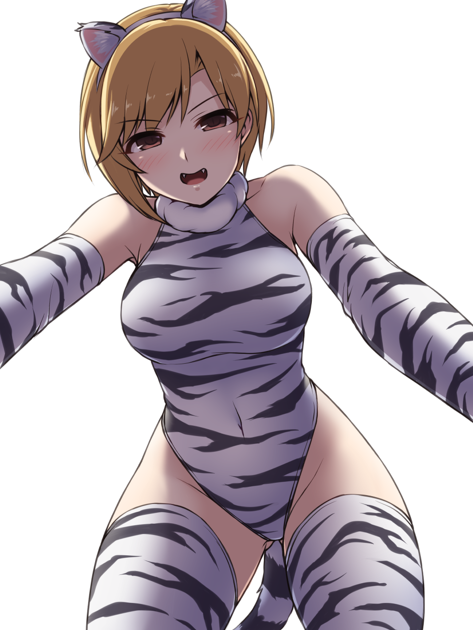 1girl aiba_yumi animal_ears blonde_hair breasts brown_eyes commentary_request covered_navel cowboy_shot elbow_gloves fangs from_below gloves highleg highleg_leotard highres idolmaster idolmaster_cinderella_girls leotard looking_at_viewer medium_breasts pataneet pov short_hair simple_background solo tail thigh-highs tiger_ears tiger_tail turtleneck white_background white_gloves white_legwear white_leotard