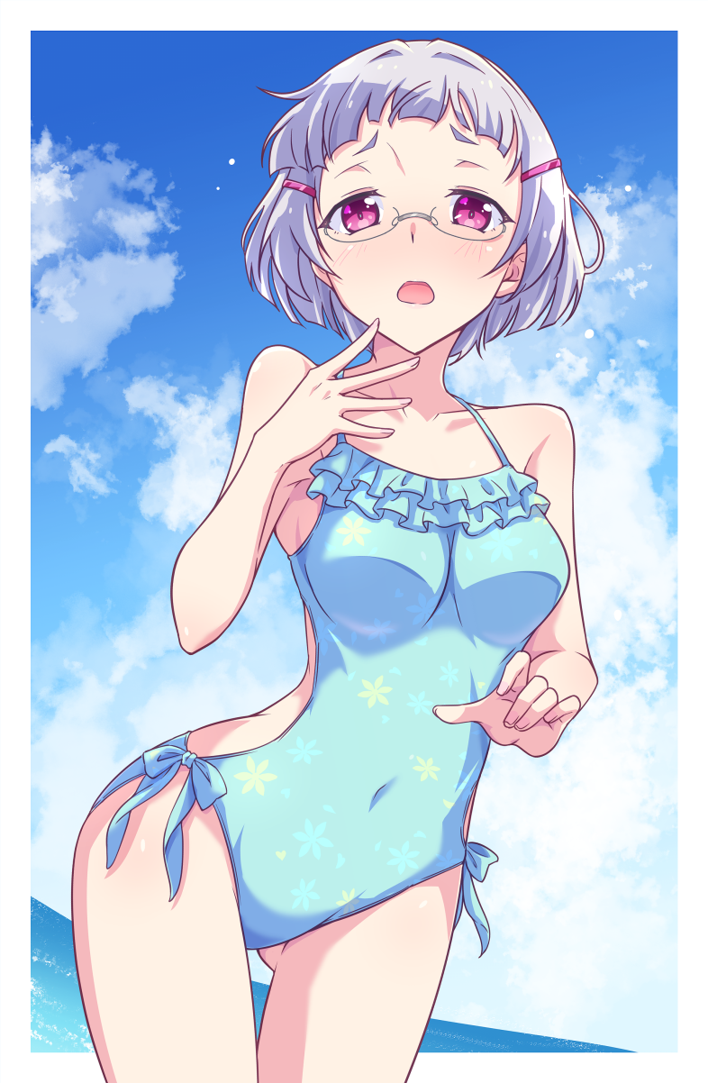 1girl bare_arms bare_shoulders blue_sky blue_swimsuit breasts clouds cloudy_sky collarbone covered_navel day e20 floral_print frilled_swimsuit frills glasses hair_intakes hair_ornament hairclip highres horizon looking_at_viewer medium_breasts ocean open_mouth original print_swimsuit short_eyebrows silver_hair sky solo swimsuit thick_eyebrows violet_eyes