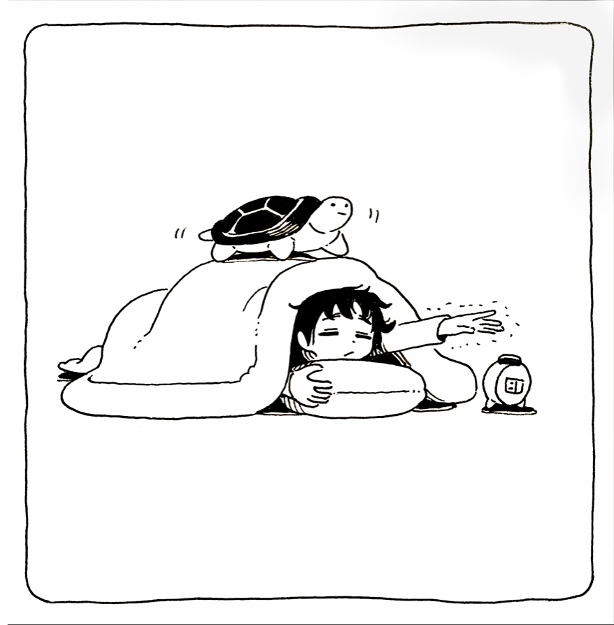 1girl alarm_clock clock closed_eyes closed_mouth commentary_request full_body greyscale lying monochrome muji_(uimss) on_stomach original pillow reaching solo trembling turtleneck under_covers waking_up