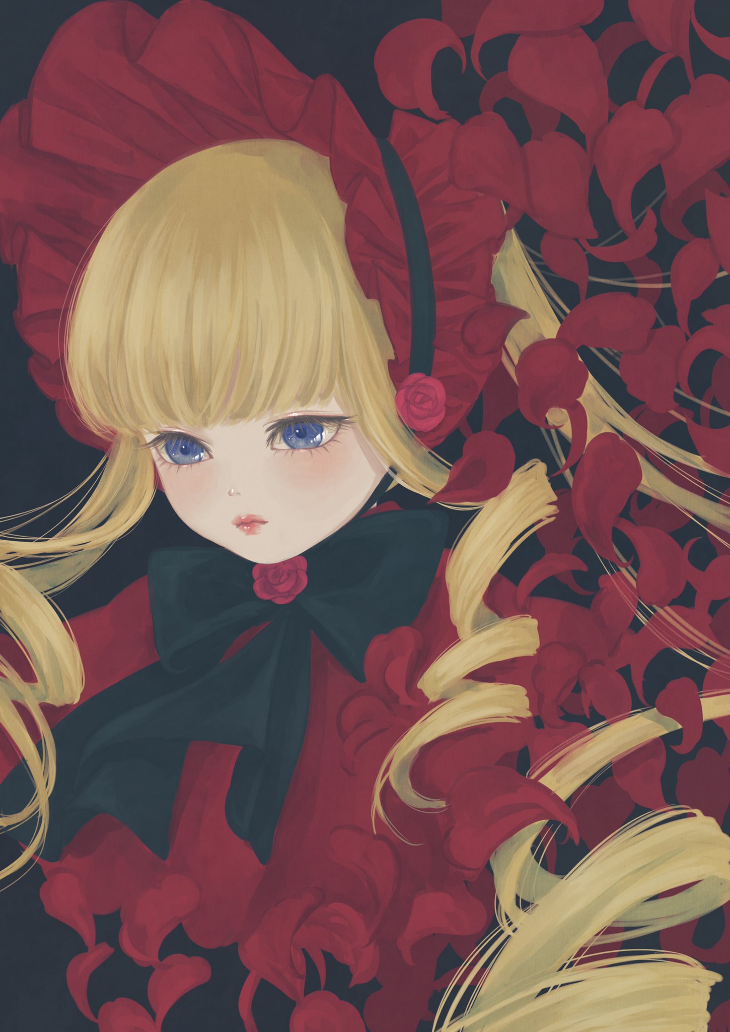 1girl bangs black_background black_bow black_bowtie blonde_hair blue_eyes blunt_bangs bonnet bow bowtie commentary_request cropped_torso dissolving dress drill_hair flower frilled_bonnet frills hat hat_flower highres light_blush long_hair neck_flower petals red_dress red_flower red_headwear red_rose rose rose_petals rozen_maiden shinku simple_background upper_body ushiyama_ame