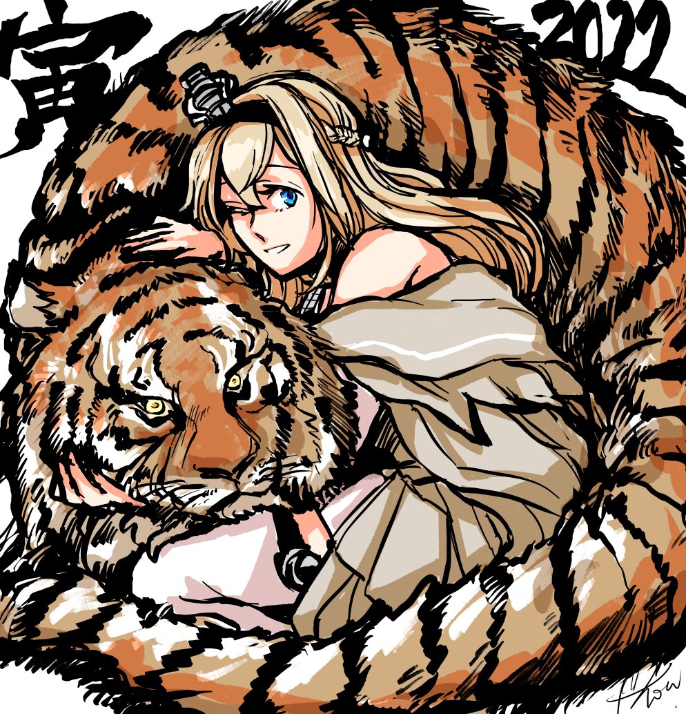 1girl 2022 animal black_hairband blonde_hair blue_eyes braid chinese_zodiac crown dress french_braid hair_between_eyes hairband kanji kantai_collection long_hair long_sleeves mini_crown off-shoulder_dress off_shoulder one_eye_closed open_mouth signature simple_background smile solo thigh-highs tiger warspite_(kancolle) white_background white_dress white_legwear yamada_rei_(rou) year_of_the_tiger