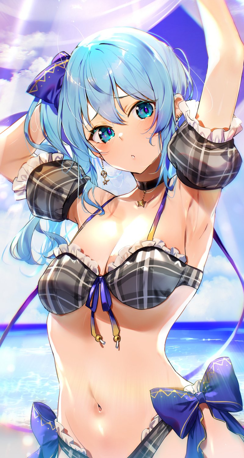 1girl armpits arms_up bangs bikini black_choker blue_bow blue_eyes blue_hair blush bow breasts choker commentary_request day detached_sleeves earrings eyebrows_visible_through_hair frilled_sleeves frills grey_bikini hair_ribbon highres hololive hoshimachi_suisei jewelry kasumi_komo long_hair looking_at_viewer medium_breasts navel ocean outdoors parted_lips plaid plaid_bikini ribbon side_ponytail solo star_(symbol) star_in_eye swimsuit symbol_in_eye thigh-highs upper_body virtual_youtuber