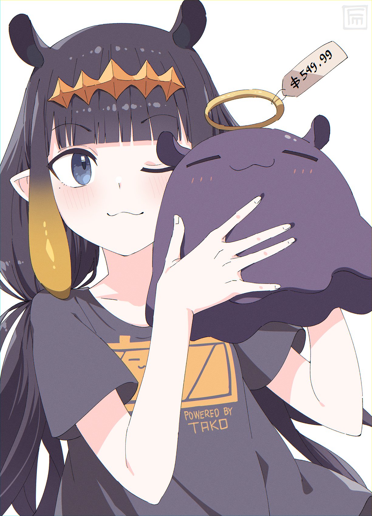 1girl :3 blue_eyes english_text eyebrows_visible_through_hair fumafu halo highres holding hololive hololive_english long_hair mole mole_under_eye ninomae_ina'nis octopus one_eye_closed pointy_ears price_tag purple_hair purple_shirt shirt short_sleeves sidelocks simple_background stuffed_animal stuffed_toy t-shirt tako_(ninomae_ina'nis) very_long_hair virtual_youtuber white_background