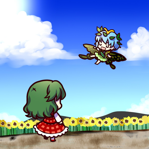 2girls antennae aqua_hair barefoot butterfly_wings closed_eyes day dress eternity_larva fairy flower frilled_skirt frills green_dress green_hair hair_between_eyes kazami_yuuka leaf leaf_on_head long_sleeves multicolored_clothes multicolored_dress multiple_girls open_mouth plaid plaid_skirt plaid_vest red_skirt red_vest short_hair short_sleeves single_strap skirt smile socha sunflower touhou vest wings yellow_flower