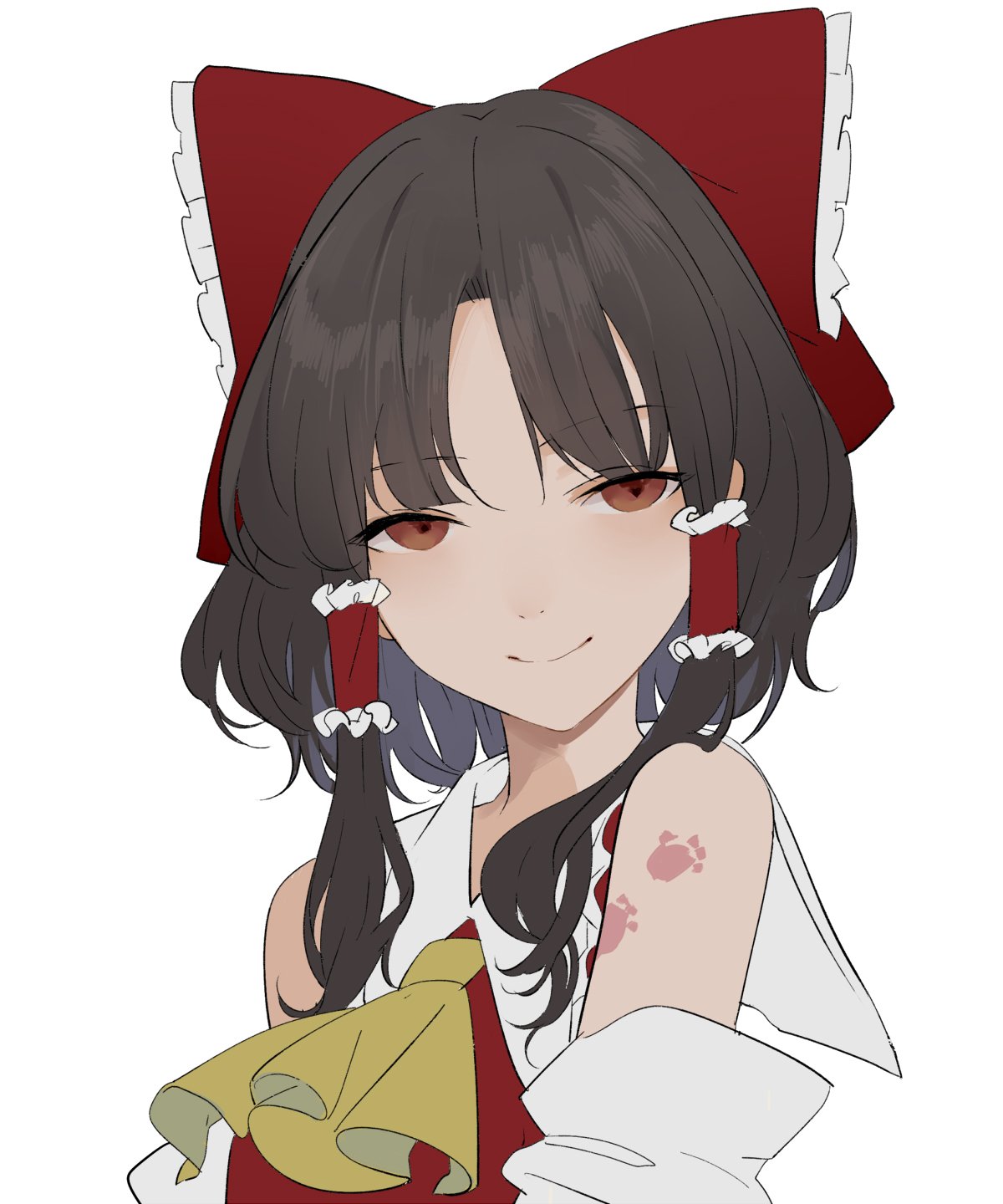 1girl ascot bangs bare_shoulders bow brown_eyes closed_mouth collar collared_dress detached_sleeves dress eyebrows_visible_through_hair eyes_visible_through_hair frills grey_hair hair_ornament hair_tubes hakurei_reimu highres hillly_(maiwetea) long_sleeves looking_to_the_side red_bow red_dress short_hair simple_background smile solo touhou upper_body white_background wide_sleeves yellow_ascot