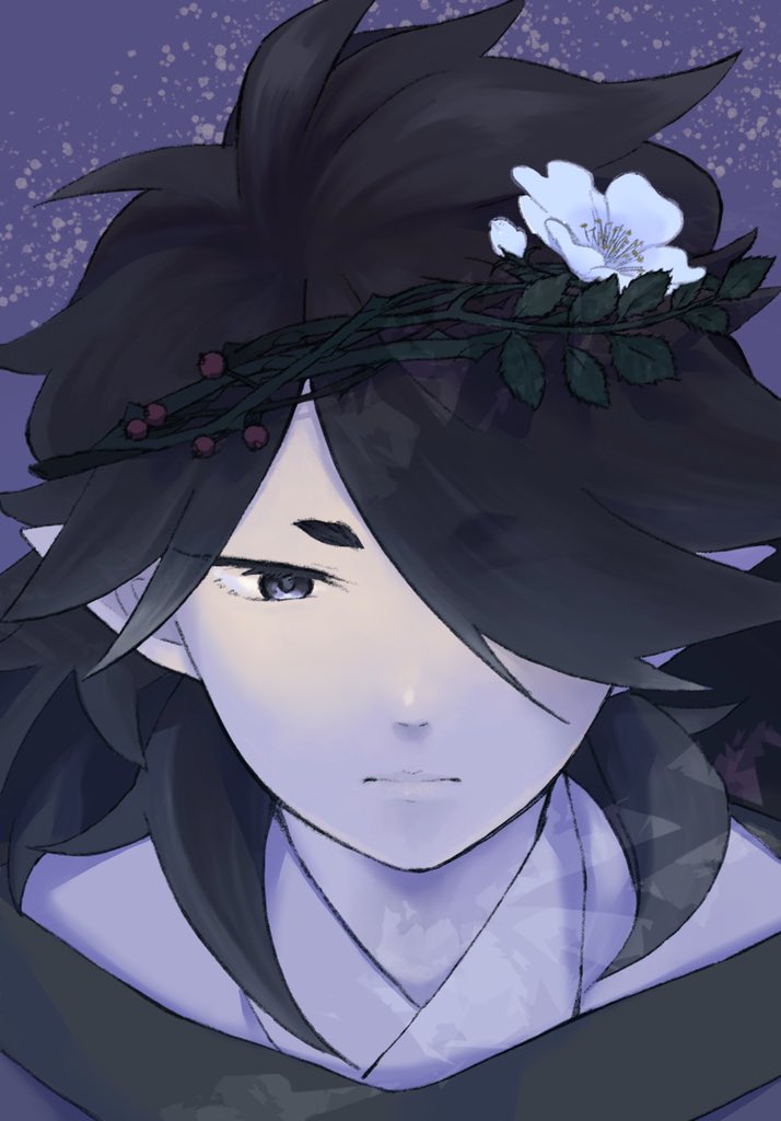 1boy black_hair dottetedo expressionless fengxi_(the_legend_of_luoxiaohei) flower hair_flower hair_ornament hair_over_one_eye leaf long_hair pointy_ears portrait solo the_legend_of_luo_xiaohei white_flower