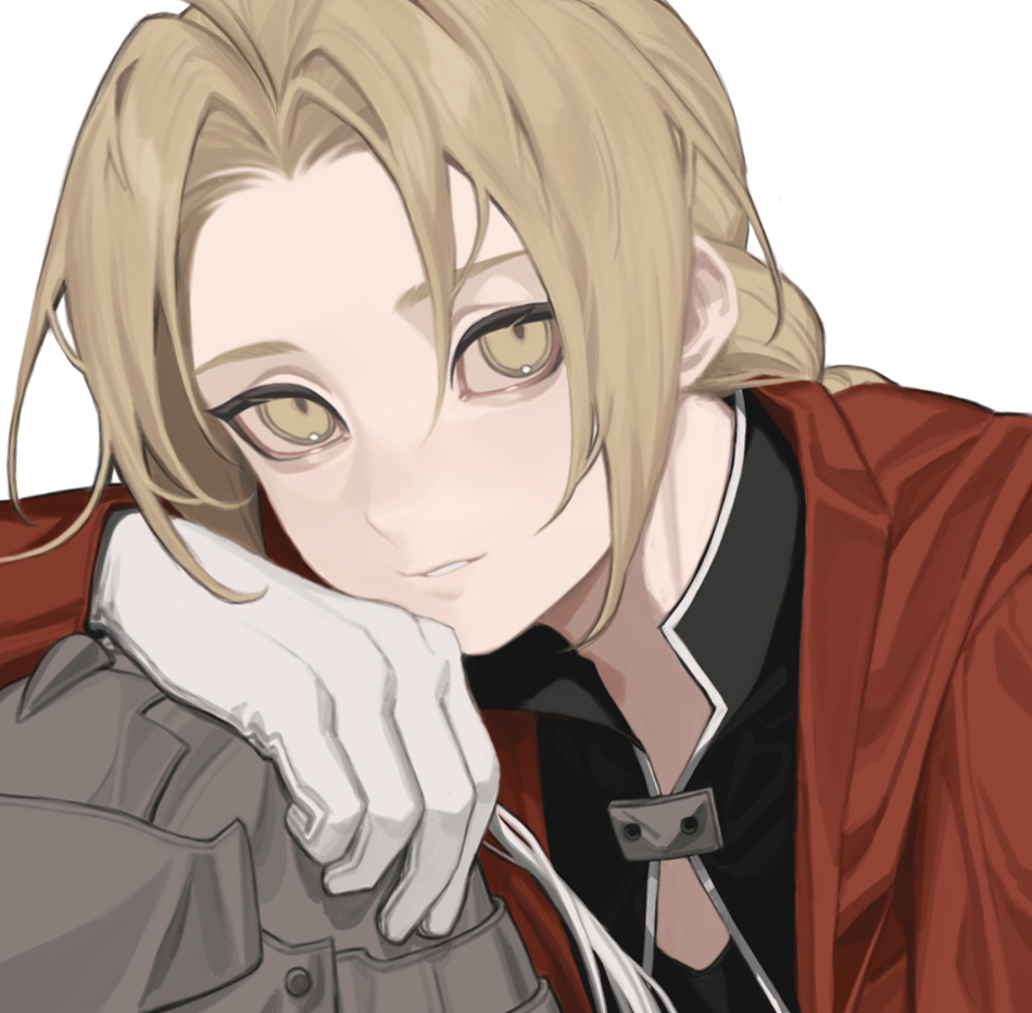 2boys alphonse_elric arm_rest blonde_hair braid braided_ponytail brothers cbow edward_elric fullmetal_alchemist gloves light_smile long_hair looking_at_viewer male_focus multiple_boys parted_lips siblings silver_trim simple_background solo_focus upper_body white_background white_gloves yellow_eyes
