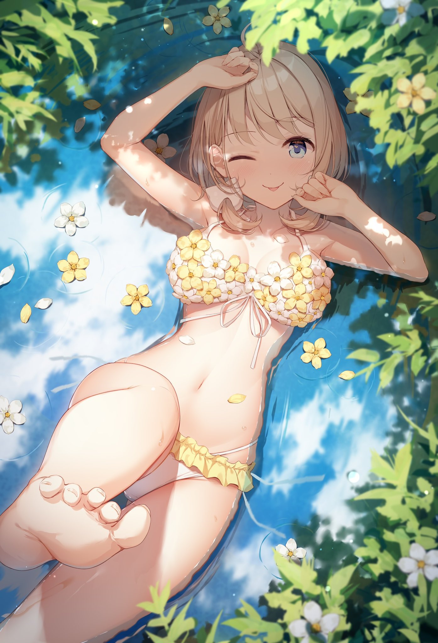 1girl ;p armpits arms_up bare_arms bare_shoulders barefoot bikini bikini_skirt blonde_hair blue_eyes breasts emori_miku_project feet flower front-tie_bikini front-tie_top halterneck highleg highleg_bikini highres leg_up licking_lips looking_at_viewer lying medium_breasts navel nijihashi_sora on_back one_eye_closed petals petals_on_liquid reflection reflective_water second-party_source short_hair smile soles solo stomach string_bikini swimsuit thighs toes tongue tongue_out water wet white_bikini white_flower yellow_flower