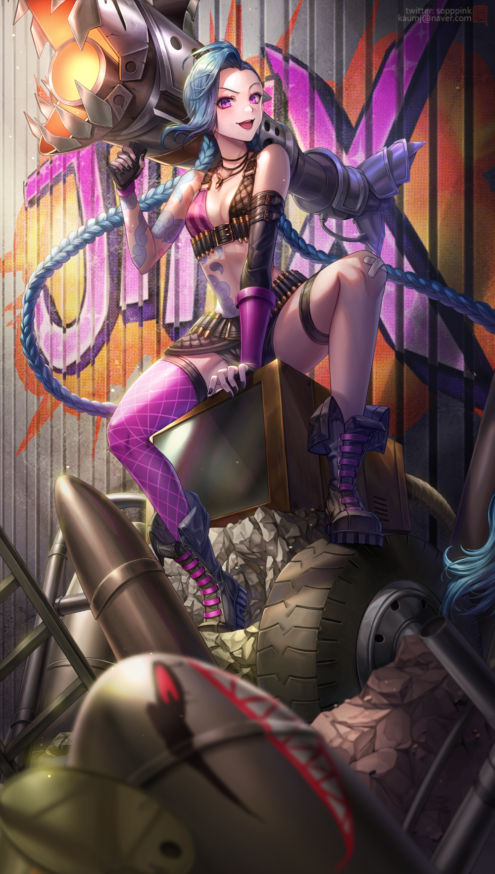 1girl :d arm_tattoo bandaid bandaid_on_knee bangs bare_shoulders black_nails blue_hair blurry blurry_foreground boots box_(hotpppink) braid breasts bullet bullet_necklace character_name fingerless_gloves gloves graffiti highres holding holding_weapon jinx_(league_of_legends) knee_boots league_of_legends long_hair looking_at_viewer nail_polish navel pink_eyes rocket_launcher single_thighhigh sitting small_breasts smile solo tattoo teeth thigh-highs twin_braids upper_teeth very_long_hair watermark weapon web_address