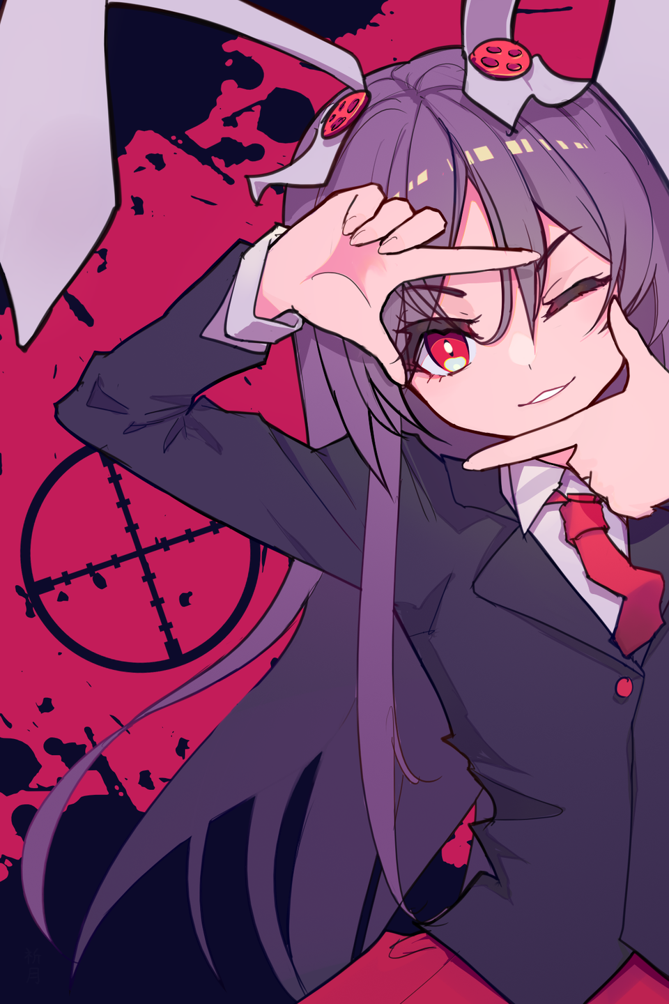 1girl animal_ears bangs black_jacket blazer buttons crosshair finger_frame highres jacket johnson_(touhousuki) light_purple_hair long_hair necktie one_eye_closed open_mouth purple_skirt rabbit_ears rabbit_girl red_button red_eyes red_necktie reisen_udongein_inaba shirt skirt smile touhou upper_body white_shirt