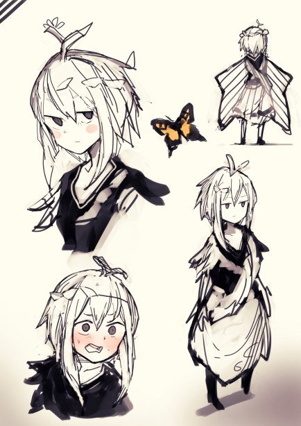 1girl animal antennae bad_id bad_twitter_id blush bug butterfly butterfly_wings dress eternity_larva fairy hair_between_eyes leaf leaf_on_head multicolored_clothes multicolored_dress multiple_views open_mouth pantacle short_hair single_strap sketch third-party_source touhou wings