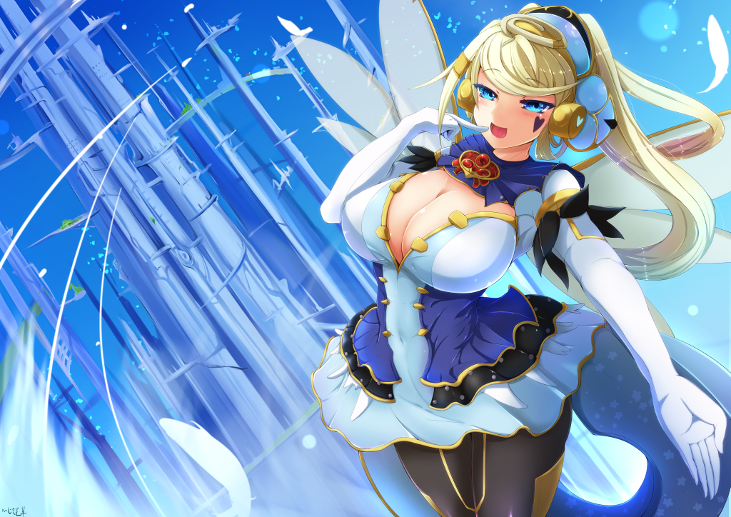 1girl blonde_hair blue_dress blue_eyes breasts cleavage cleavage_cutout dress duel_monster elbow_gloves facial_mark flansisca2411 gloves hair_ornament heart highres long_hair looking_at_viewer puffy_short_sleeves puffy_sleeves short_sleeves smile solo trickstar_holy_angel upper_body very_long_hair white_gloves wings yu-gi-oh! yu-gi-oh!_vrains yuu-gi-ou yuu-gi-ou_vrains