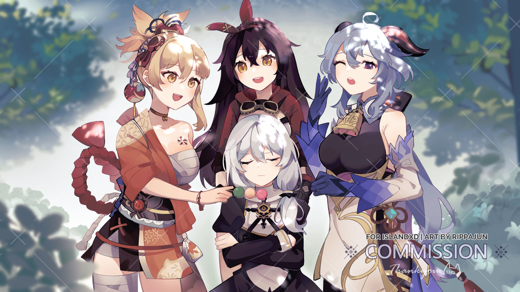 4girls :d :o amber_(genshin_impact) artist_name bangs bare_shoulders black_dress blue_eyes blue_gloves brown_eyes brown_hair chinese_clothes commission company_connection crossed_arms crossover dango dress food ganyu_(genshin_impact) genshin_impact gloves goggles goggles_around_neck holding holding_food honkai_(series) honkai_impact_3rd horns japanese_clothes kimono long_hair long_sleeves looking_at_viewer mihoyo_technology_(shanghai)_co._ltd. multiple_girls nun one_eye_closed open_mouth orange_eyes orange_kimono outdoors rippajun sarashi side_ponytail smile theresa_apocalypse theresa_apocalypse_(valkyrie_pledge) tree wagashi white_hair white_sleeves yoimiya_(genshin_impact)