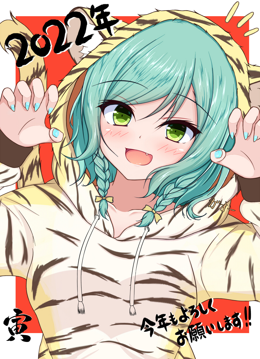 1girl :d animal_ear_fluff animal_ears animal_hood animal_print bang_dream! bangs blue_nails blush bow braid breasts brown_bow chinese_zodiac claw_pose collarbone commentary_request drawstring eyebrows_visible_through_hair fake_animal_ears fang green_eyes green_hair hair_between_eyes hair_bow hands_up highres hikawa_hina hood hood_up hoodie looking_at_viewer medium_breasts nail_polish notice_lines print_hoodie red_background smile solo sonosakiburi tail tail_raised tiger_ears tiger_hood tiger_print tiger_tail translation_request twin_braids two-tone_background upper_body white_background white_hoodie year_of_the_tiger