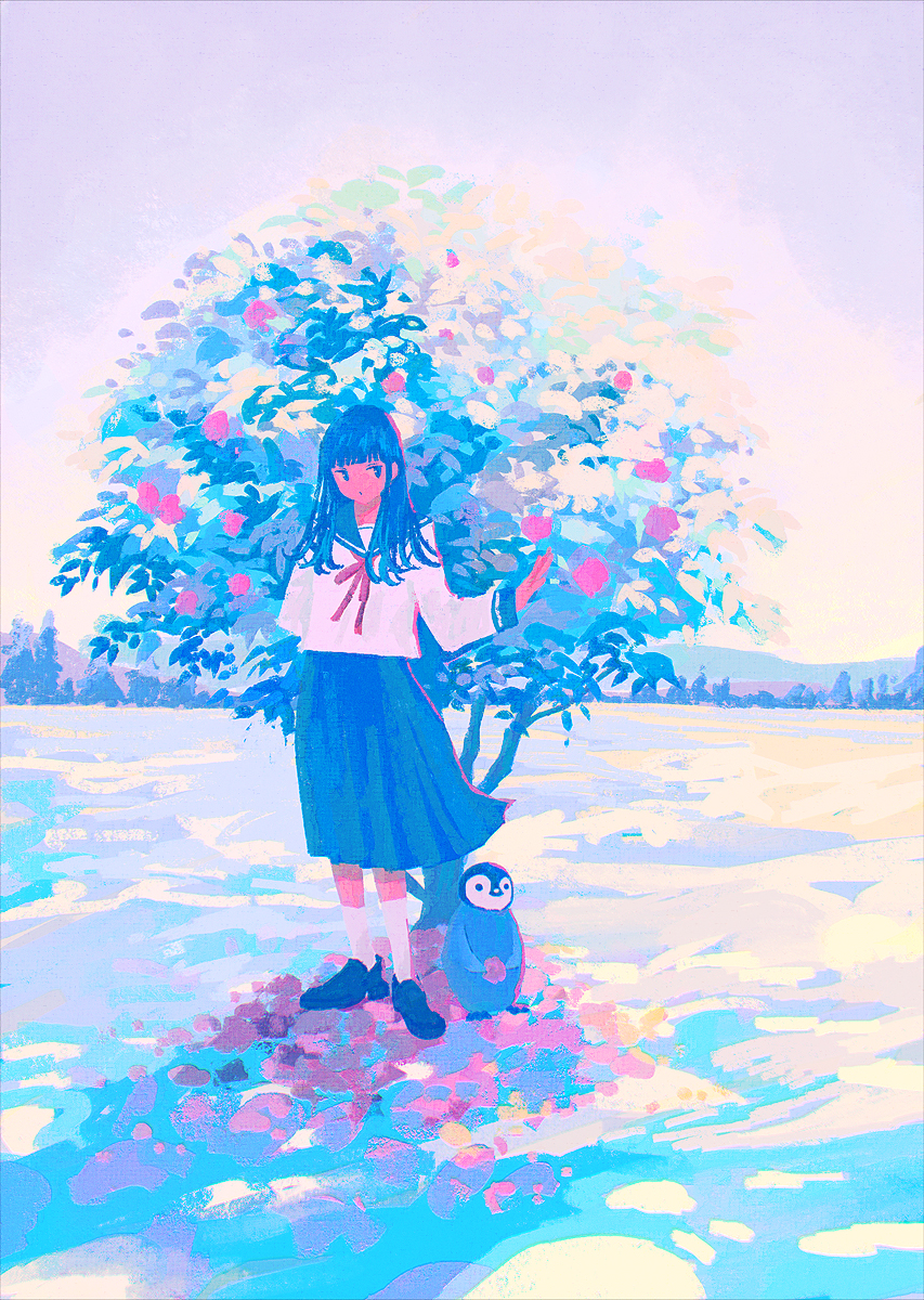 1girl bangs bird black_footwear black_sailor_collar black_skirt flower highres long_skirt long_sleeves original outdoors penguin plant purple_sky red_flower sailor_collar shirt shoes skirt snow socks solo tabi_(tabisumika) tree white_legwear white_shirt wide_shot winter