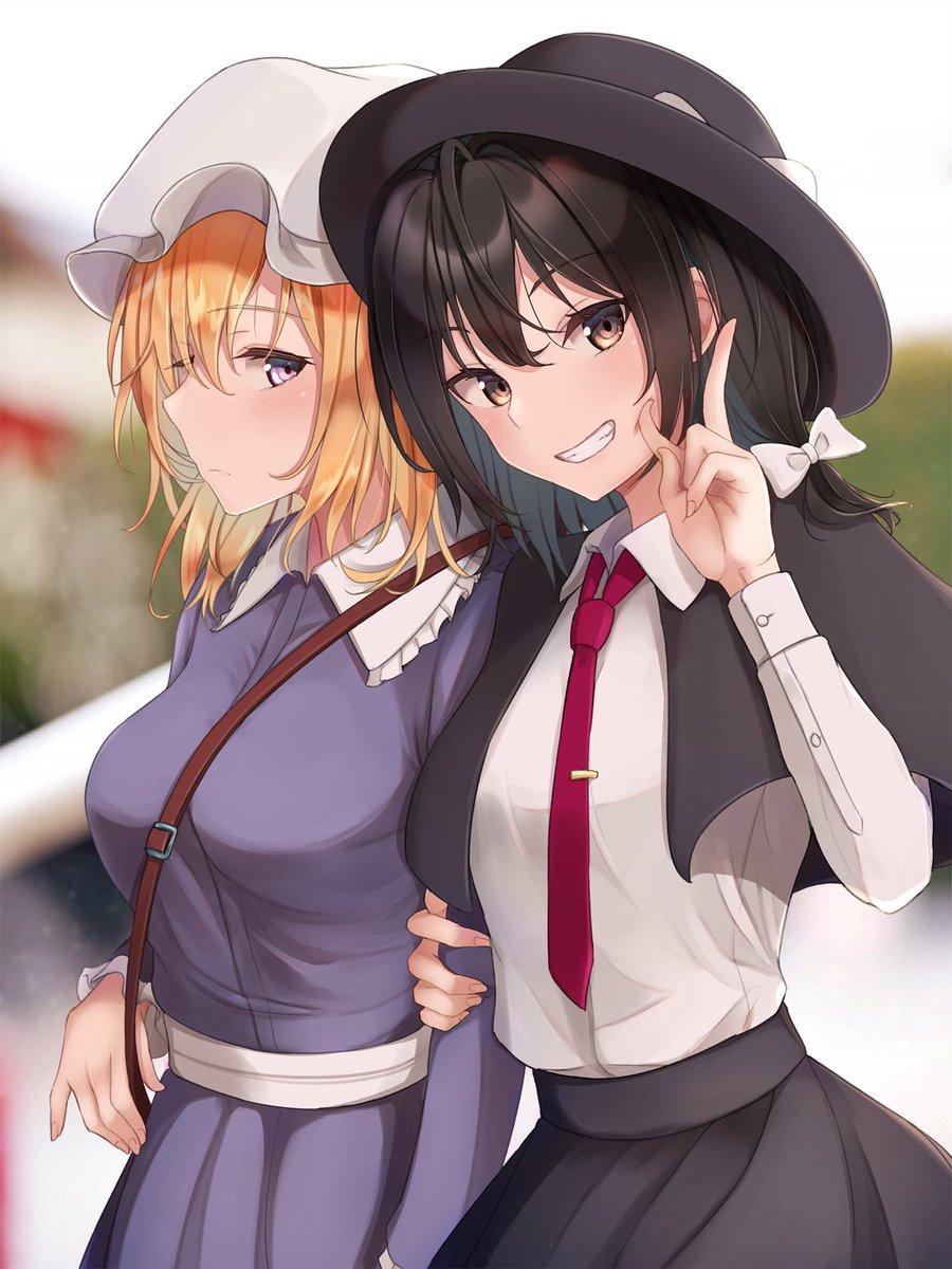 2girls bangs black_capelet black_skirt blonde_hair blurry blurry_background blush bow bowtie breasts brown_eyes brown_hair buttons capelet closed_mouth commentary_request dress feet_out_of_frame fingernails frilled_shirt_collar frilled_sleeves frills fumei_(mugendai) grin hair_ribbon hat hat_bow hat_ribbon highres holding holding_another's_arm holding_clothes holding_hat large_breasts looking_at_viewer maribel_hearn mob_cap multiple_girls neck_ribbon necktie purple_dress red_bow red_bowtie red_necktie red_ribbon ribbon shirt sideways_glance skirt smile standing teeth touhou tress_ribbon two-sided_fabric upside-down usami_renko v violet_eyes white_headwear white_ribbon white_shirt